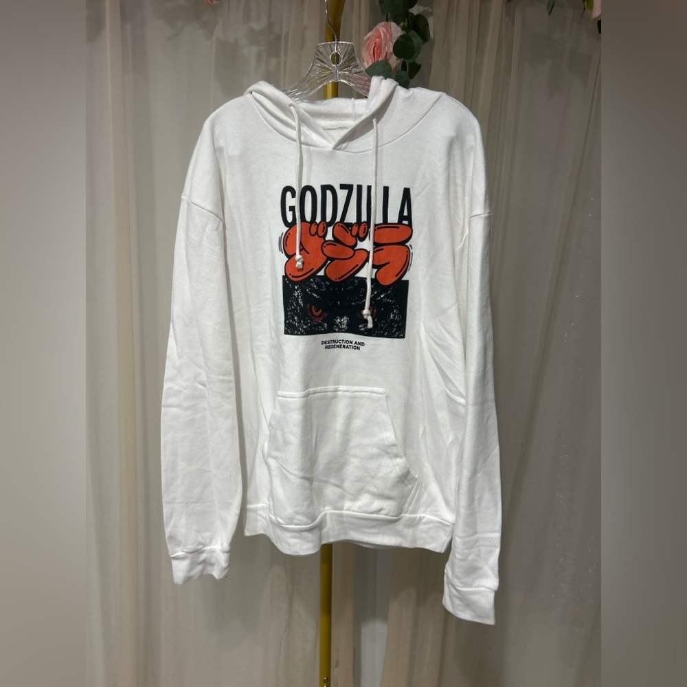 Godzilla Graphic Hoodie Pullover White Streetwear Sweatshirt L